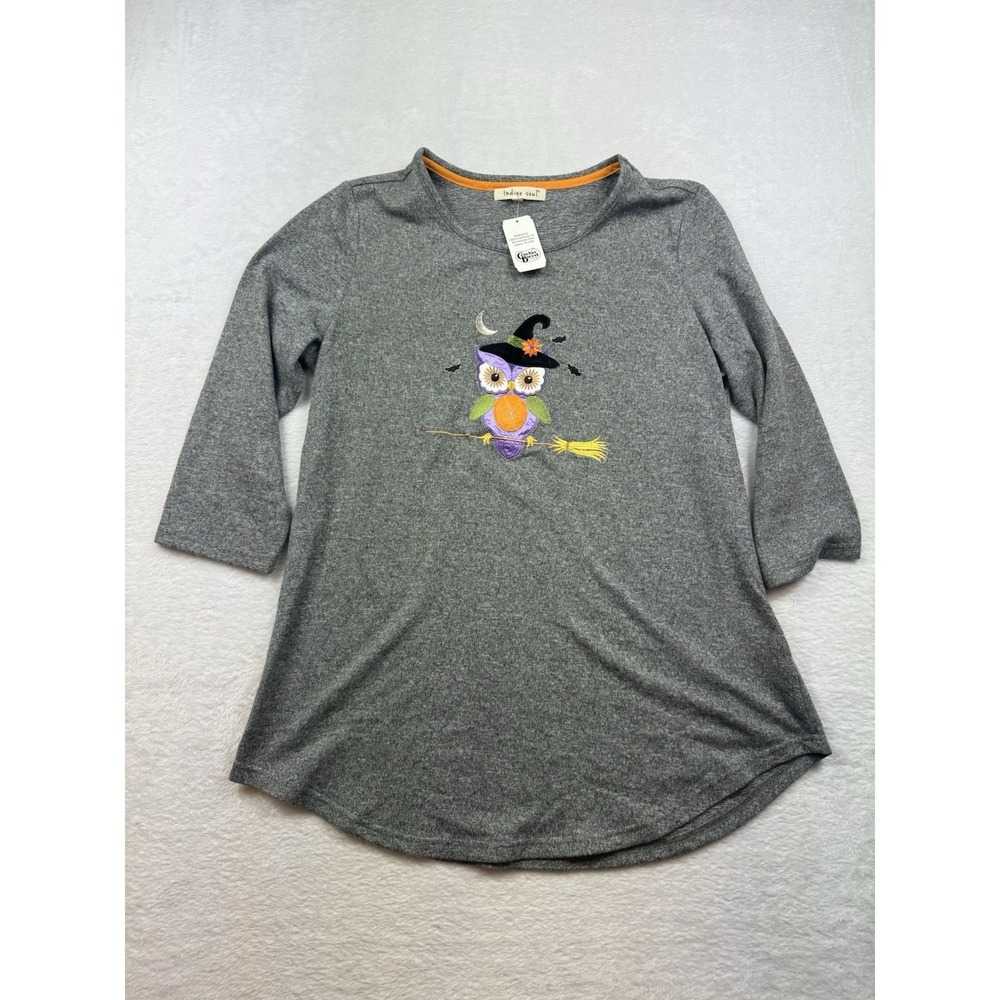Indigo Soul Halloween Owl Witch Gray‎ 3/4 Sleeve Top Shirt Size L NEW
